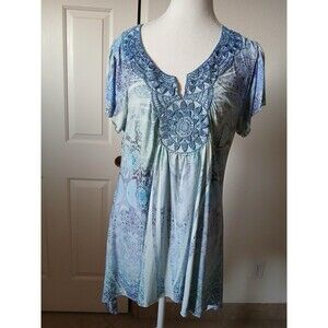 World Unity Top Short Sleeve Crochet Blue Paisley Large‎ Boho Hippie Festival
